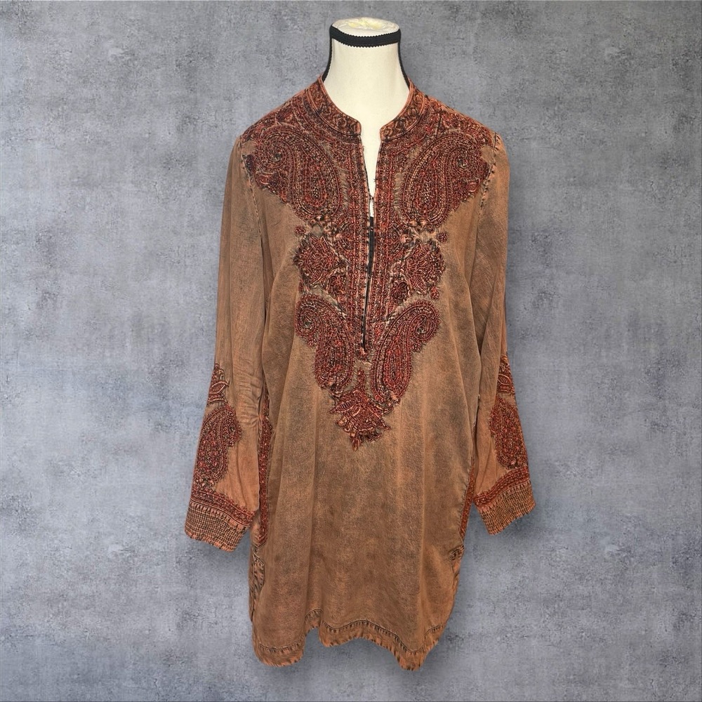Soft Surroundings Spice Market Burnt‎ Orange Embroidered Tunic Top Womens M Boho